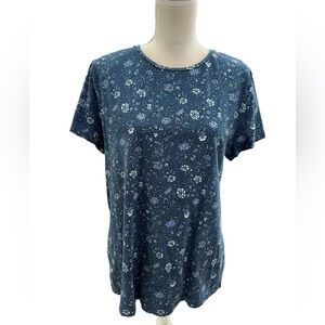 Isaac Mizrahi Blue Floral T-Shirt Women’s Large Cap Sleeve Cotton Stretch